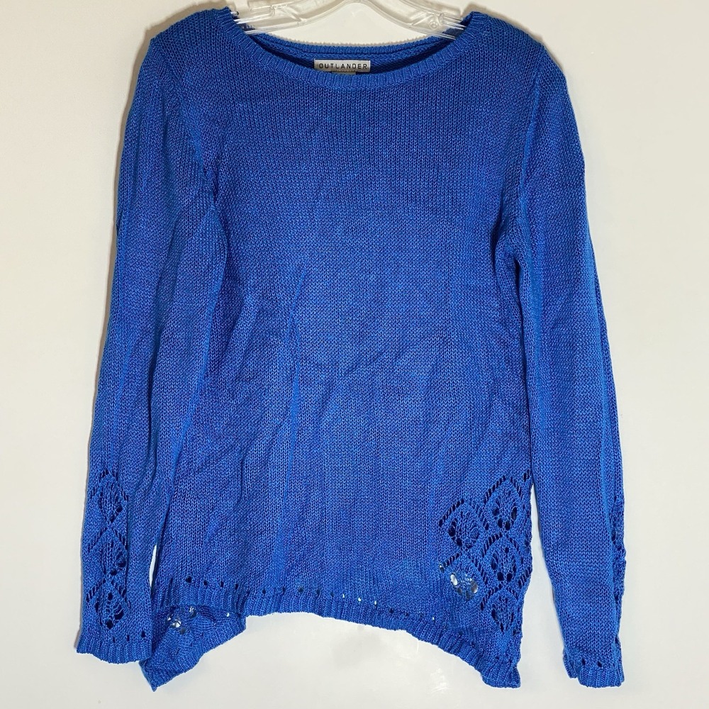 Outlander Sweater Womens Small Blue Asymetric Lace Trip Open Knit Long Sleeve S‎